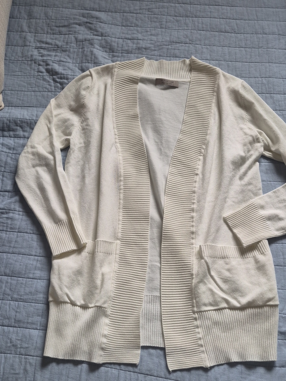Active USA Ivory Open-Front Ribbed Trim Women's Cardigan